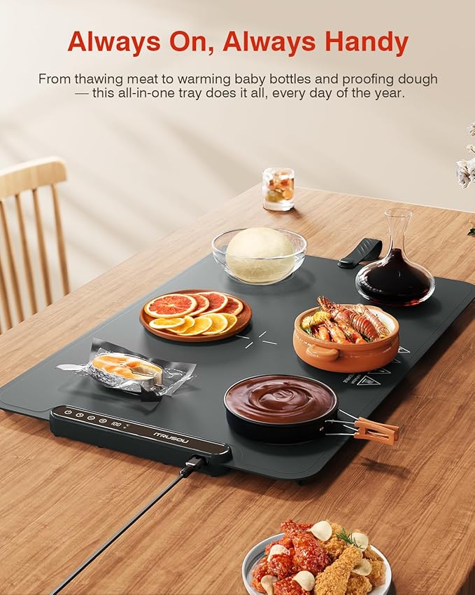 Warming Mat for Food, iTRUSOU Electric Warming Tray with 1–99H Timer, 7 Temp Settings, Patented Full-Surface Heating, °F/°C Switch, Flexible Roll-Up Food Warmers for Parties Buffet, Everyday Use