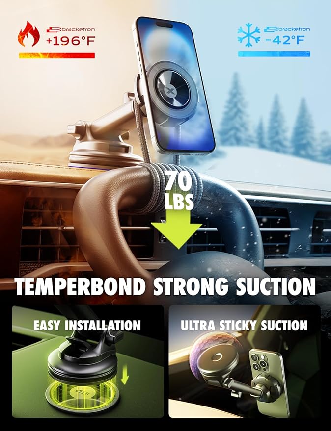 Bracketron MagSafe Car Mount,MagAlign Max Magnetic Phone Holder for Car Windshield & Dashboard,360 Vacuum Suction Magnetic Car Phone Holder for iPhone 16 Pro Max 15 14 13 12 - MagSafe Car Accessories