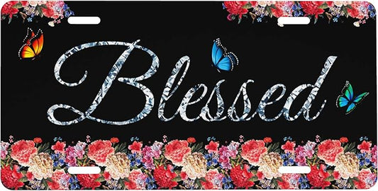 Front License Plate Blessed Glitter Floral Butterfly Vanity Plates Aluminum Metal Decorative Car Tag Novelty License Plate Cover for Men Women 6 * 12 in (4 Holes)