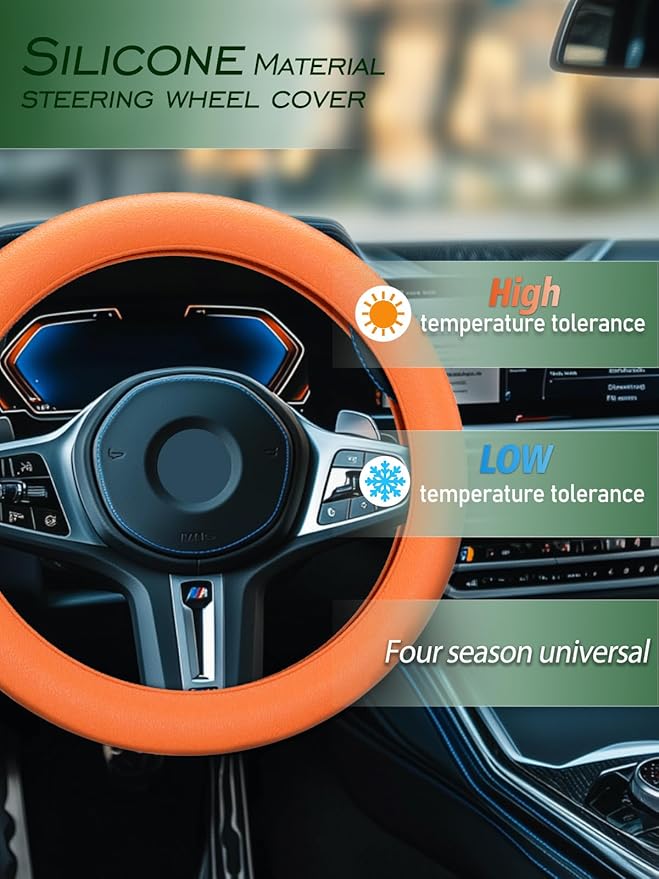 LRITER Car Steering Wheel Cover, Non-Slip Silicone Material, Multiple Color Choices, Universal Auto Parts Steering Wheel Cover, Suitable for Most Cars (Orange)