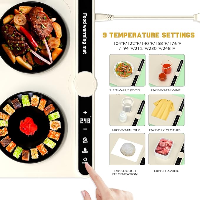 Smart Warming Mat for Food, Upgrade Waterproof Foldable Heating Mat, Food Warming Mat with 9 Level Adjustable Temperature and 6-Speed Timing, Easy to Clean Food Warmers for Buffet,Party,Thawin (Beige)