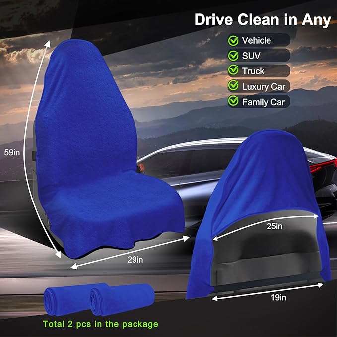 Car Seat Towel Cover, 2pcs Universal Front Seat Protector for Cars, SUVs and Trucks, Sweat Towel Car Seat Cover for Gym, Yoga, Swimming, Pets and Family Travel, Blue