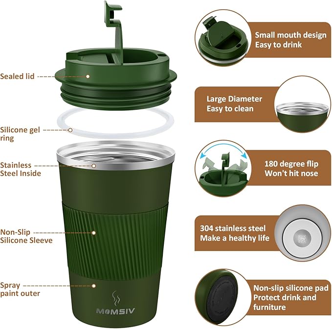 MOMSIV 12oz Travel Mug, Insulated Coffee Cup with Leakproof Lid, Vacuum Stainless Steel Double Walled Reusable Tumbler for Hot and Cold Water Coffee and Tea In Travel and Car Armygreen 380ML
