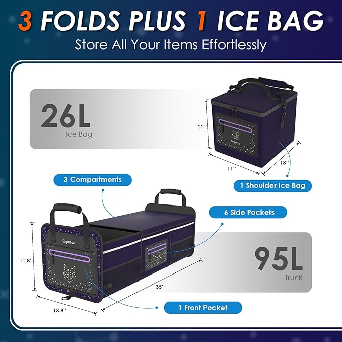 Trunk Organizer | 95L (35"x13.8"x11.8") | 26L Ice Pack Included | Fluorescent Constellation Design | Waterproof, Foldable with Adjustable Straps | for SUVs/Cars - Purple-M004