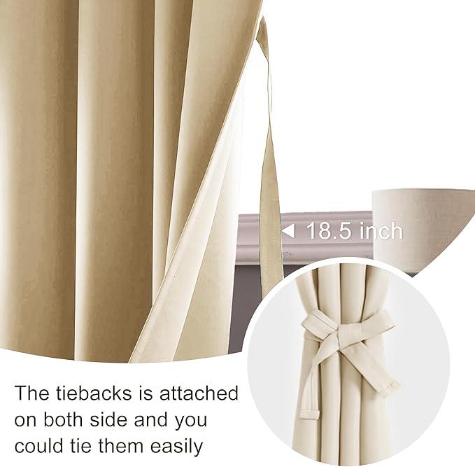 JIUZHEN Blackout Curtains for Bedroom - Thermal Insulated Noise Reducing Privacy Short Curtain for Living Room, Set of 2 Panels with Tiebacks, 38 x 45 inches Long,Light Beige