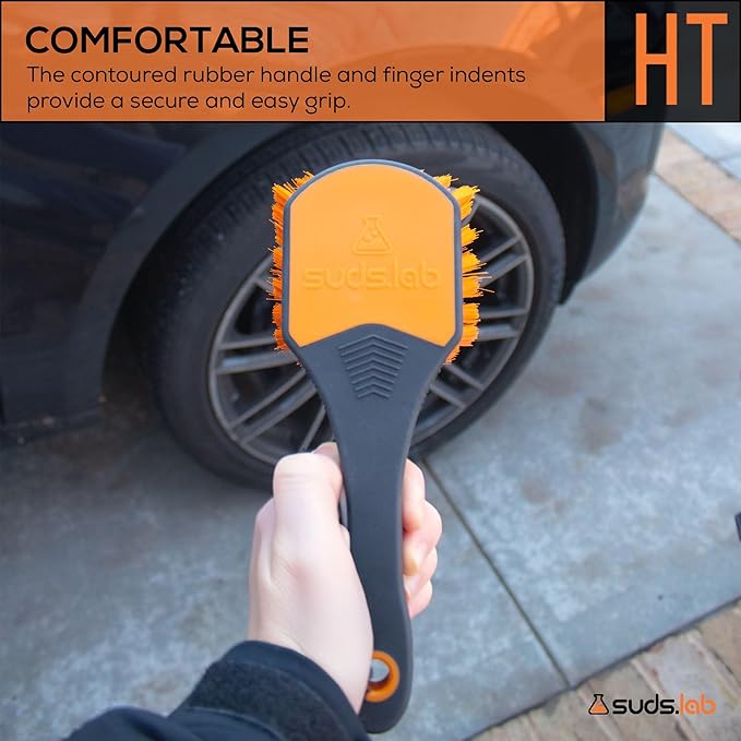 Suds Lab Heavy Duty Tire Brush Rubberized Handle Soft Bristle Car Detailing Wheel Brush, Rim, Wheel, Dust Cleaner Brush