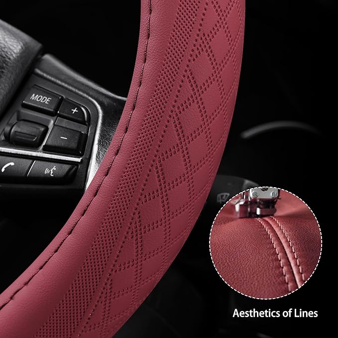 【2025 Model】 Premium Nappa Leather Car Steering Wheel Cover for Men Women, Non-Slip, Breathable, Universal 15 inches Steering Wheels, Red