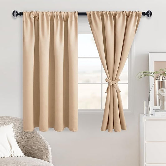 JIUZHEN Blackout Curtains for Bedroom - Thermal Insulated Room Darkening Noise Reducing, 52 x 45 Inch Length Curtains for Living Room, Set of 2 Panels with Tiebacks, Beige