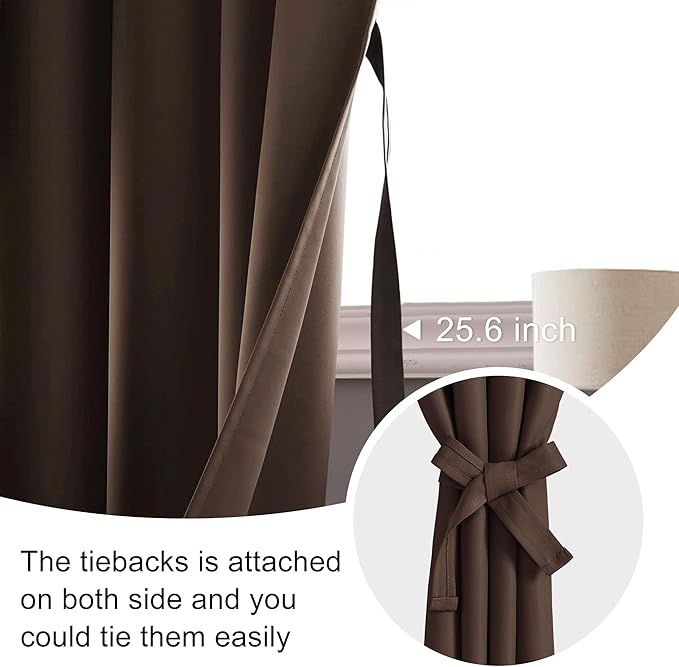 JIUZHEN Blackout Curtains for Bedroom - 60 Inch Wide Thermal Insulated Room Darkening Privacy Soundproof Curtains for Living Room, Set of 2 Panels with Tiebacks, 60 x 63 inches, Brown