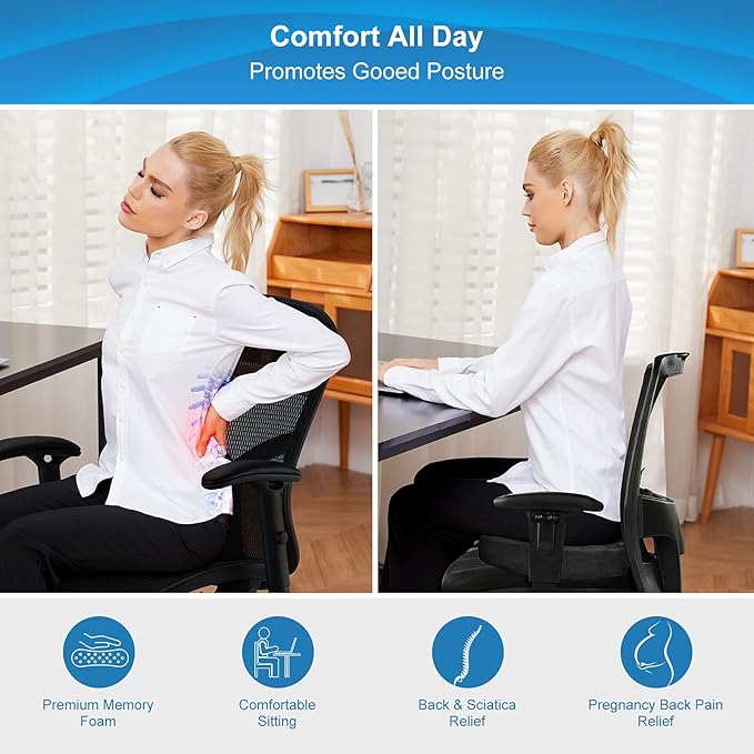 Bomdaia Seat Cushion Pillow for Office Chair, Car Seat Cushion Pad for Desk Chair, Non-Slip Memory Foam Coccyx Seat Cushion for Back, Sciatica & Tailbone Pain Relief (Black)