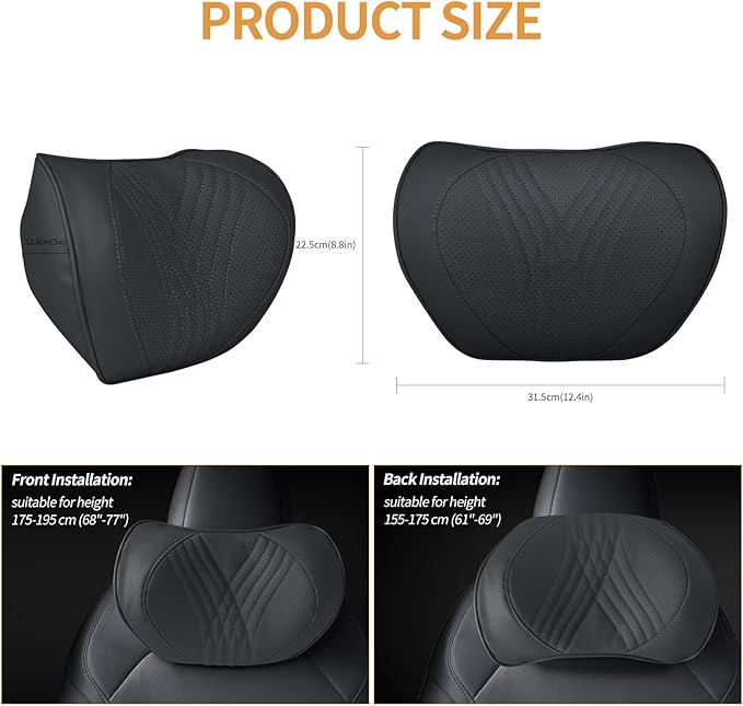 Car Neck Pillow Memory Foam Premium Leather Headrest Neck Support Cushion Universal for Driving Home Office, Black,1PC