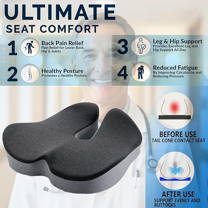 Memory Foam Seat Cushion for Office Chair Car, Home, Desk, Wheelchair Use, Ergonomic Chair Pad Portable Coccyx Cushion for Long Sitting, Tailbone & Sciatica Pain Relief (Black & Gray)