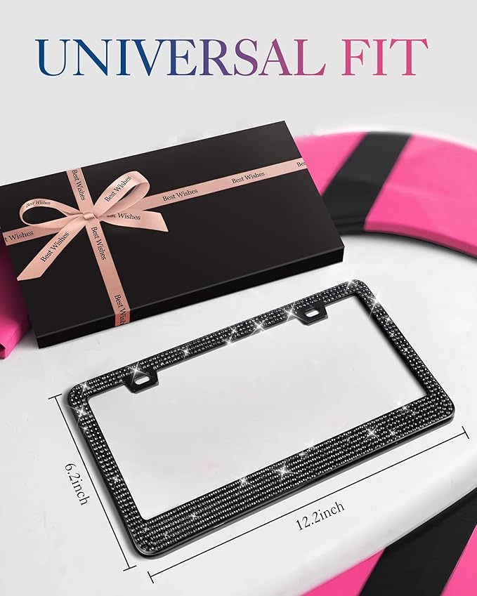 AUJEN Bling License Plate Frame for Women, Stainless Steel Cute Car Accessories, Lasting Sparkly License Plate Holder with Diamond Rhinestone Crystals, 2 Pack Gift Box Set, Pink & Black, 12.2" x 6.2"