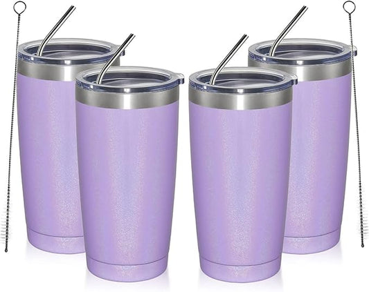 MEWAY 20oz Tumbler 4 Pack Double Wall Vacuum Insulated Travel Glitter Mug Bulk, Stainless Steel Tumblers with Lid and Straw, Powder Coated Coffee Cups for Woman(Rainbow Purple,Set of 4)