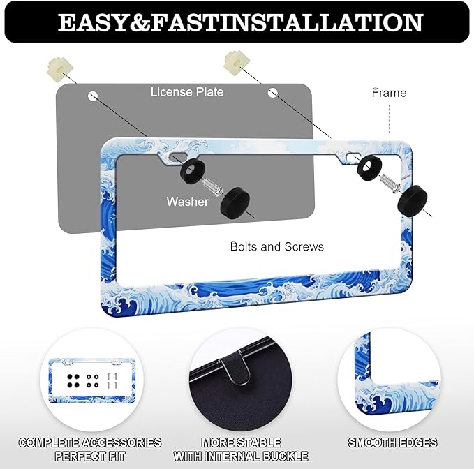 Ocean Wave License Plate Frames - 2 Pack Anime Blue Waves License Plate Holder, Stainless Steel Rust-Proof Waterproof Car Decorative Tag Frame with Screws Fasteners Caps