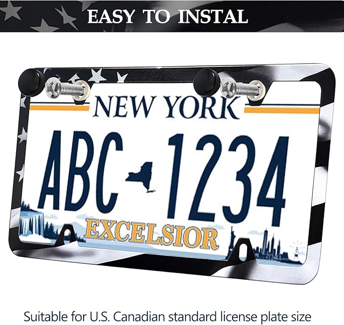 Black American Flag License Plate Frames - 2 Pack Patriotic Matte Gloss Stars Stripe US Flag Stainless Steel Car Tag Frame Holder Covers with 4 Fluttering Flag Valve Stem Caps, Screws Fasteners