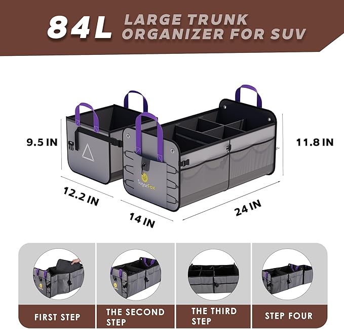 Large Capacity Trunk Organizer for Car & SUV – Waterproof with 8 Mesh Pockets, collapsible & Adjustable compartments, 84L Durable Storage with Non-Slip Base, Gray - M313