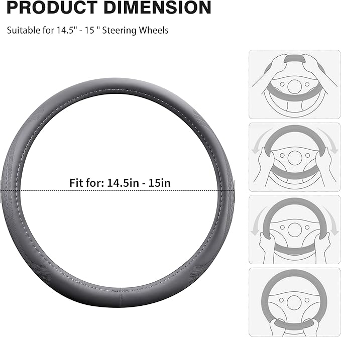 【2025 Model】 Premium Nappa Leather Car Steering Wheel Cover for Men Women, Non-Slip, Breathable, Universal 15 inches Steering Wheels, Grey