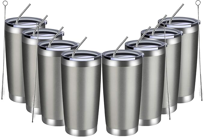 MEWAY 20oz Tumbler 8 Pack Double Wall Vacuum Insulated Travel Mug Bulk, Stainless Steel Tumblers with Lid and Straw, Durable Powder Coated Coffee Cups for Cold & Hot Drinks (Cold Gray, 8)