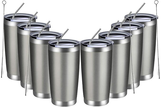 MEWAY 20oz Tumbler 8 Pack Double Wall Vacuum Insulated Travel Mug Bulk, Stainless Steel Tumblers with Lid and Straw, Durable Powder Coated Coffee Cups for Cold & Hot Drinks (Cold Gray, 8)