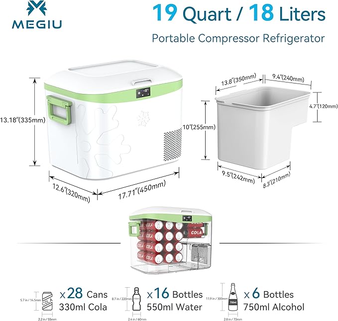 Car Refrigerator, Portable 12V Fridge 19 Qt (18 L) 12 Volt Freezer Compressor Cooler 12V/24V DC 110~240 V AC for Truck Van RV Camper SUV and Home Use -18℃~+15℃