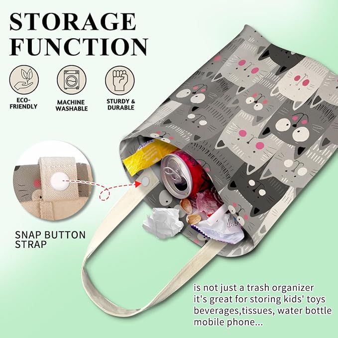 Cute Car Trash Bag, Hanging Car Organizer and Storage Bag, Trash Bin for Vehicle, Travelling, Camping - Cute Grey Cats