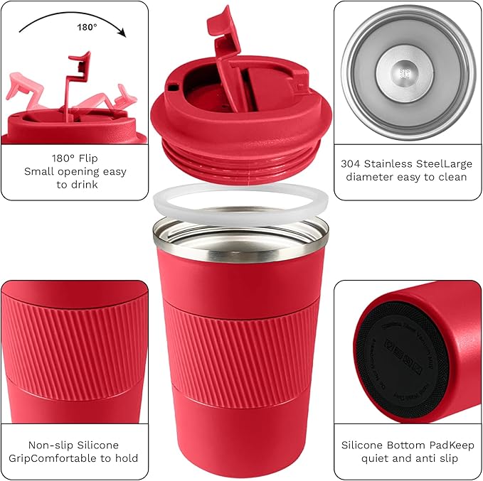 YINBAOGE Insulated Travel Coffee Mug, Spill & Leak Proof, Portable To Go Camping Stainless Steel Coffee Tumbler, Reusable Thermal Coffee Cup with Lid for Hot & Cold Drinks (Red, 12 OZ)