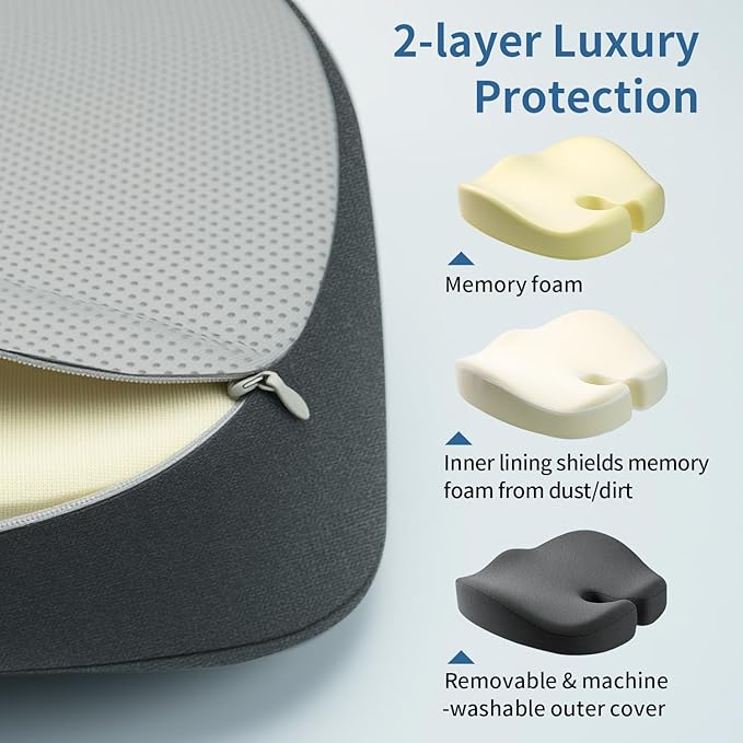Dense Memory Foam Seat Cushion for Tailbone Pain Relief - Orthopedic Coccyx Support for Hemorrhoid & Sciatica - Fits Wooden/Office Chairs & Home