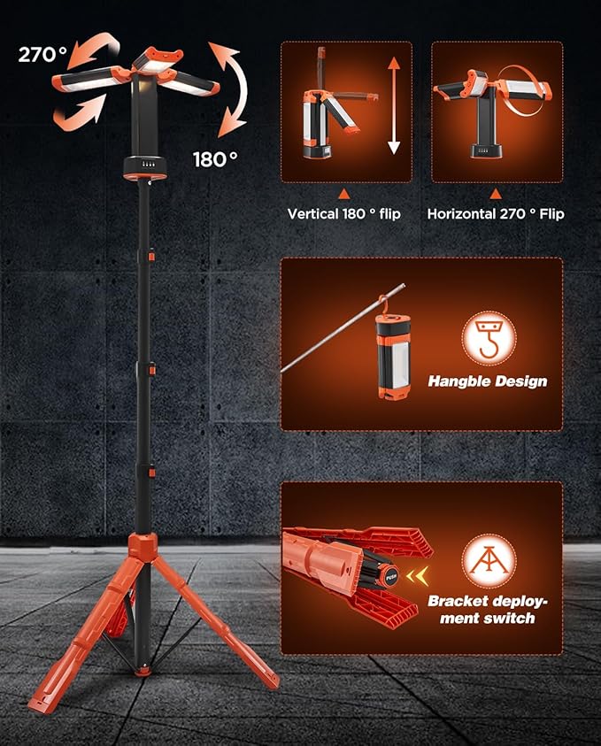 Saker Portable Camping Light with Stand 73.2" Rechargeable Work Light 800/3200 Lumen 4000/6500K Dimmable Emergency Flashlight for Garage, Outdoor Work, Power Outages, Fishing LD10 Orange