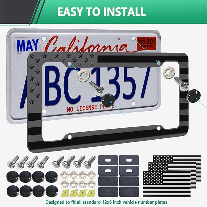 Black American Flag License Plate Frame- Front Rear Patriotic USA Car Tag Frames, 2 Pack 4 Hole Subdued 3D Embossed Stars and Stripes Plastic Holder with Mounting Hardware Kit