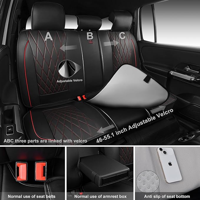CAR PASS Nappa Leather Car Seat Covers Full Set, Luxury Seat Protector for Cars, Waterproof Anti-Slip Seat Cushion Airbag Compatible Fit for Most Cars Vehicles SUV Trucks, Airbag Compatible, Black Red