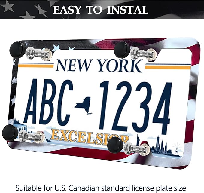 American Flag License Plate Frames - 2 Pack Universal Patriotic Matte Gloss Stars Stripe US Flag Stainless Steel Car Tag Frame Holder Covers with 4 Fluttering Flag Valve Stem Caps, Screws Fasteners