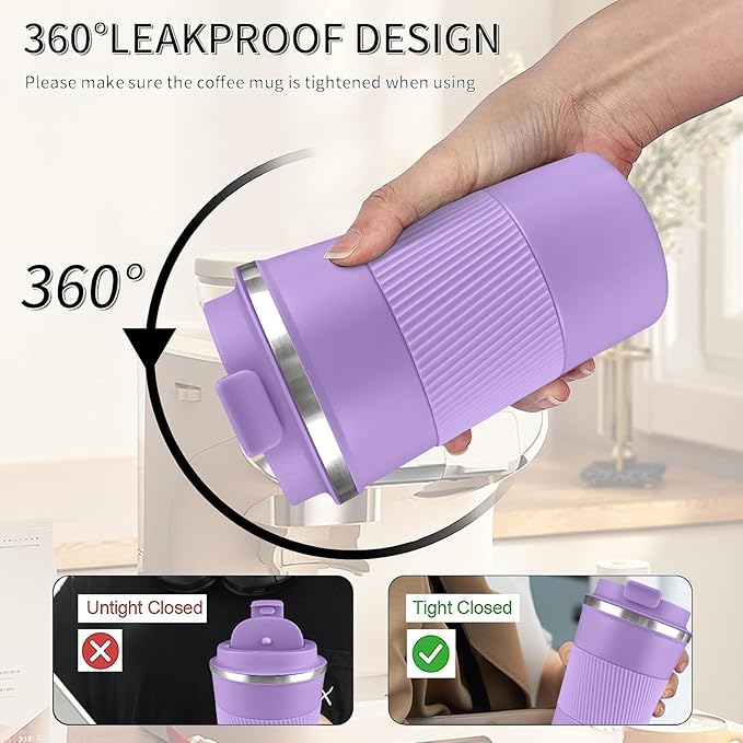 YINBAOGE Insulated Travel Coffee Mug, Spill & Leak Proof, Portable To Go Camping Stainless Steel Coffee Tumbler, Reusable Thermal Coffee Cup with Lid for Hot & Cold Drinks (Purple, 17 OZ)