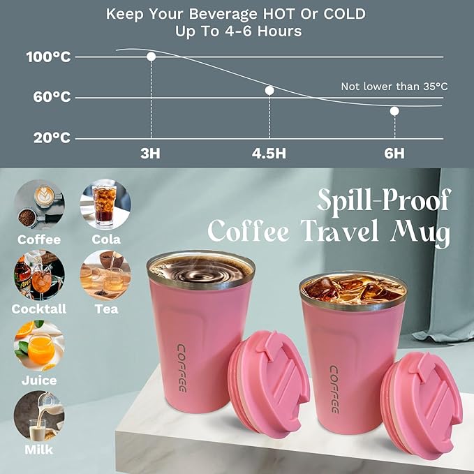 YINBAOGE Insulated Travel Coffee Mug, Spill & Leak Proof, Portable To Go Camping Stainless Steel Coffee Tumbler, Reusable Thermal Coffee Cup with Lid for Hot & Cold Drinks (2nd-Pink, 12 OZ)