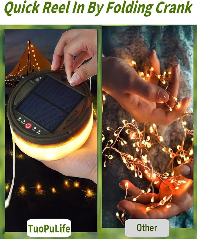 Solar Camping String Lights, 39.4FT Fairy String Lights 150LEDs, Portable Waterproof Camp Lamp with 8 Lighting Modes, Hanging Rechargeable Tent Lantern for Garden Party Christmas Decor-Remote Control