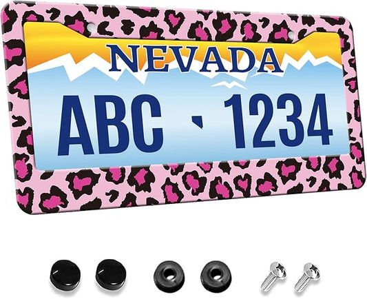 MIOAOSRT Pink and Black Leopard License Plate Frame Leopard License Plate Cover Car Tag Holder Metal License Plate Frame Fits Standard U.S.Vehicles 12x6 Inch