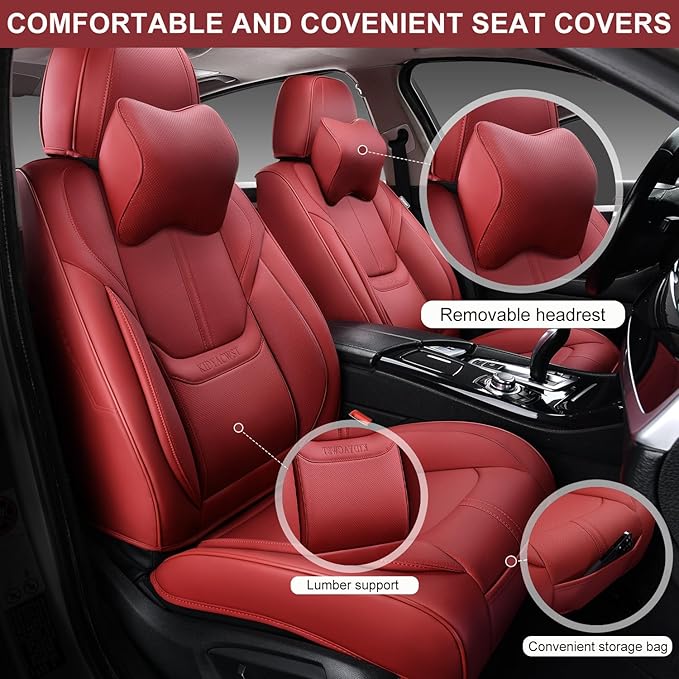 Auto Car Seat Covers Accessories Front Seat Leather Cushion Protector Breathable Waterproof Seat Cover for Cars Universal Fit (Wine, Front Pair)
