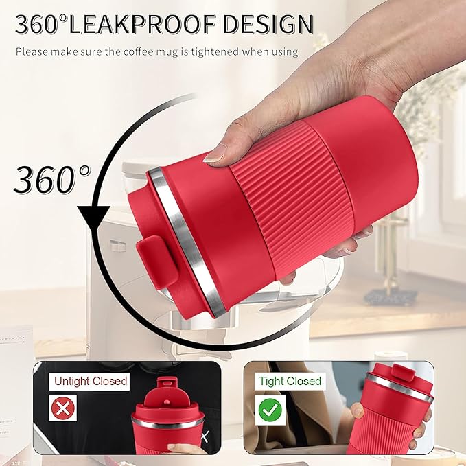 YINBAOGE Insulated Travel Coffee Mug, Spill & Leak Proof, Portable To Go Camping Stainless Steel Coffee Tumbler, Reusable Thermal Coffee Cup with Lid for Hot & Cold Drinks (Red, 17 OZ)
