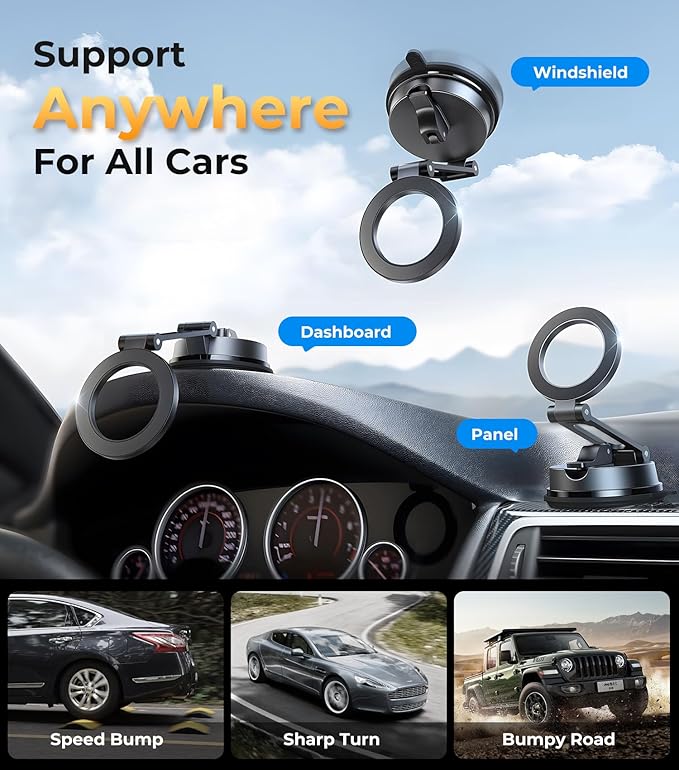 【Vacuum Suction Folding Car Mount】 Magnetic Car Phone Holder for magsafe, Aerospace Alloy Arm, Best Dashboard/Windshield/Screen Holder for Your Car/Tesla/Gym/Mirror/Shower/Smooth Surface/iPhone
