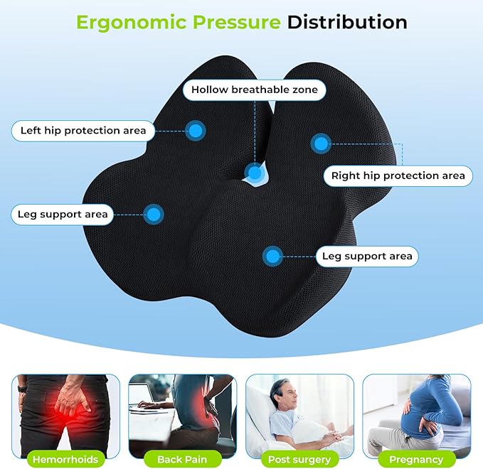 Memory Foam Seat Cushion for Office Chairs & Car Seat - Ergonomic Office Desk Accessories for Tailbone Pain Relief, Sciatica & Back Support