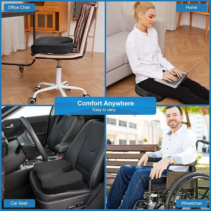 Bomdaia Seat Cushion Pillow for Office Chair, Car Seat Cushion Pad for Desk Chair, Non-Slip Memory Foam Coccyx Seat Cushion for Back, Sciatica & Tailbone Pain Relief (Black)