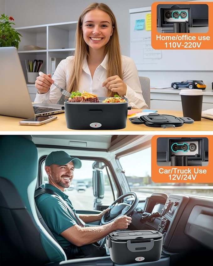 Electric Lunch Box for Men, Women & Adults - 80W Fast Heating - Heated Lunch Box with Dual 1.5L SS Containers - Portable Food Warmer for Car, Truck, Office