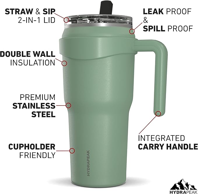 Hydrapeak Roadster 40oz Stainless Steel Tumbler Double Wall Vacuum Insulated Water Bottle With Handle And 2 in 1 Straw Lid (Sage)