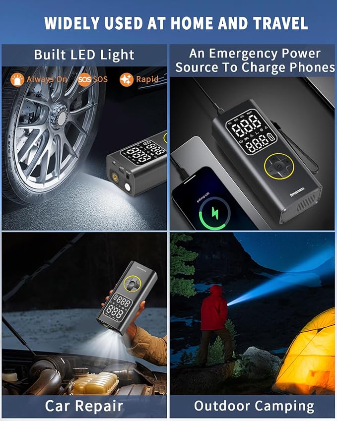 Car Tire Air Pump Portable Air Compressor, 150 PSI Cordless Tire Inflator Battery for Inflating/Charging with 12V DC Cord, Digital Gauge, Led Light for Car, Motorcycle, Bike, Balls and More (Yellow)