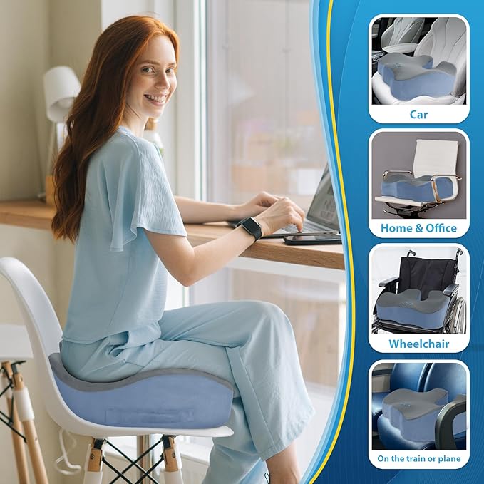 BlissTrends Seat Cushion,Thick Memory Foam Cushions for Office Chair, Car Seat, Airplane, Relieving Pressure Tailbone Sciatica Back Pain for Office Workers, Car Drivers 4.7in Thick Dark Grey&Blue