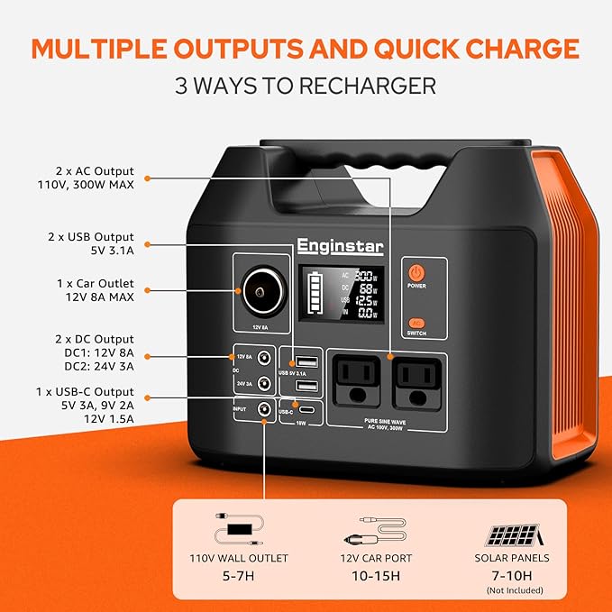 EnginStar Portable Power Station, 300W 296Wh Battery Bank with 110V Pure Sine Wave, 60W Foldable Solar Panel with 18V DC Outlet for Portable Power Stations