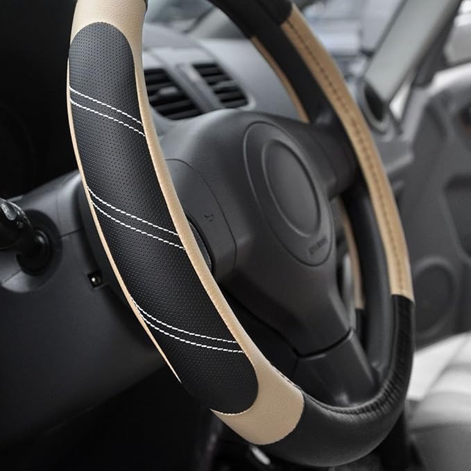 Elantrip Sport Leather Steering Wheel Cover 14 1/2 inch to 15 inch Universal, Padded Soft Grip Breathable for Car Truck SUV Jeep, Anti Slip Odorless Black and Beige