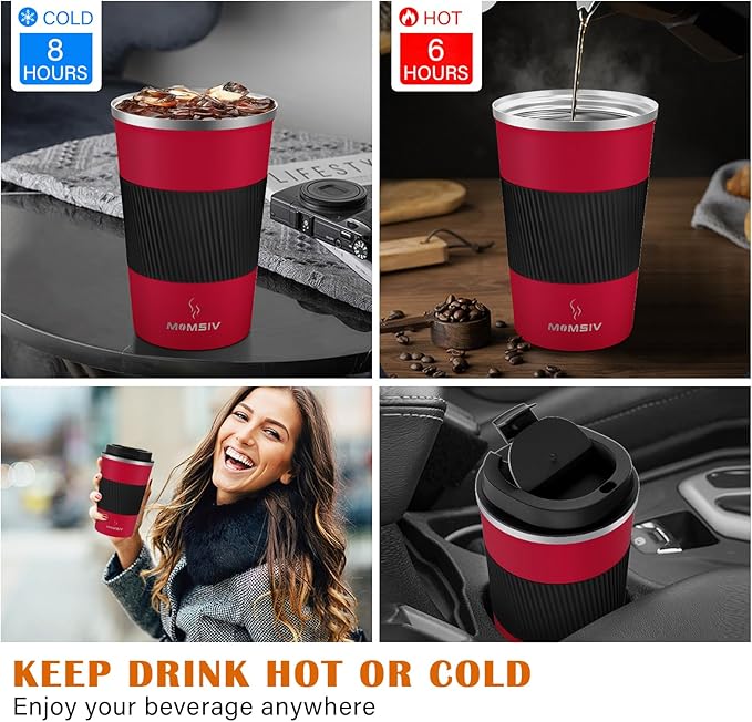 MOMSIV 12oz Travel Mug, Insulated Coffee Cup with Leakproof Lid, Vacuum Stainless Steel Double Walled Reusable Tumbler for Hot and Cold Water Coffee and Tea In Travel and Car