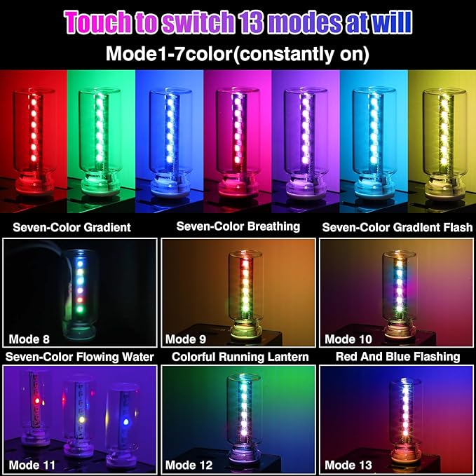 2PCS 13 in 1 USB Car Light, Plug in USB Interior Car Lights, Touch Control Mini Glass Bottle Night Lamp with 13 Modes & 7 Colors, Mini LED Bulb Night Light Ambient Lighting for Auto Bedroom Decoration