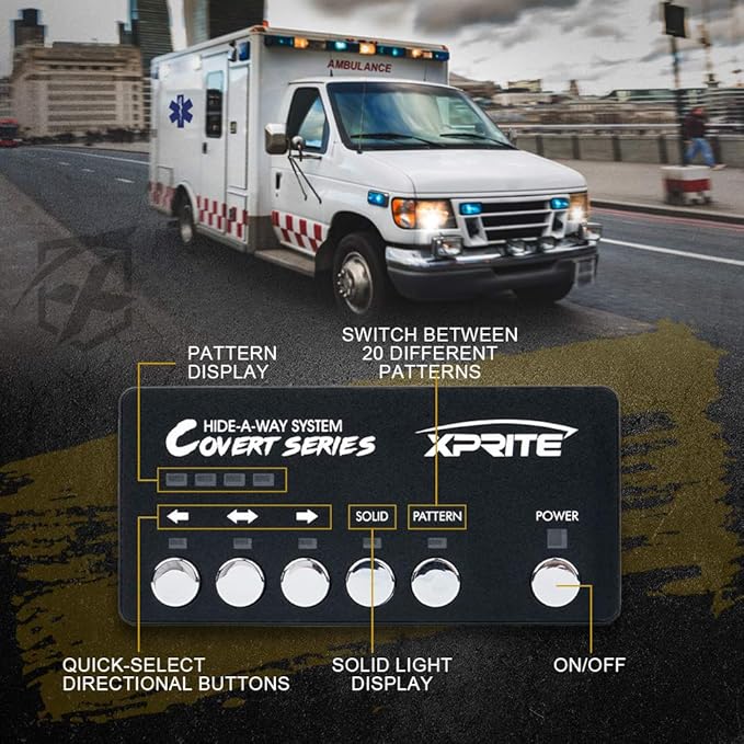 Xprite 4PCS LED Hideaway Strobe Lights Kit - White, 20 Flash Modes, Control Panel Included, Ideal for Emergency Vehicles, Trucks, Cars, Headlights, Taillights & Fog Lights, Hazard Warning